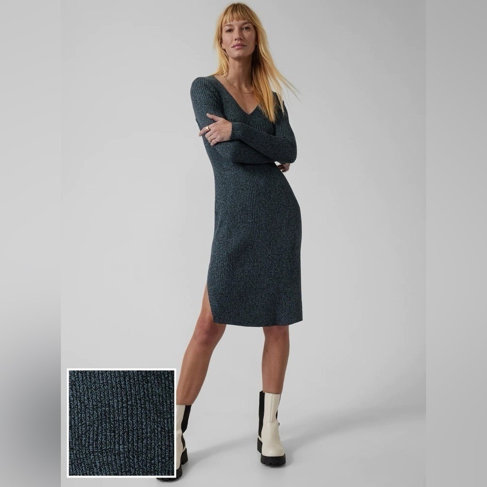 Athleta Coaster‎ Luxe Rib Knit Dress Long Sleeve V-Neck Blue Grey Size Large